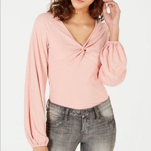 American Rag | Long Sleeve Low Cut Ruched V-Neck Shirt | Blush Pink | Medium